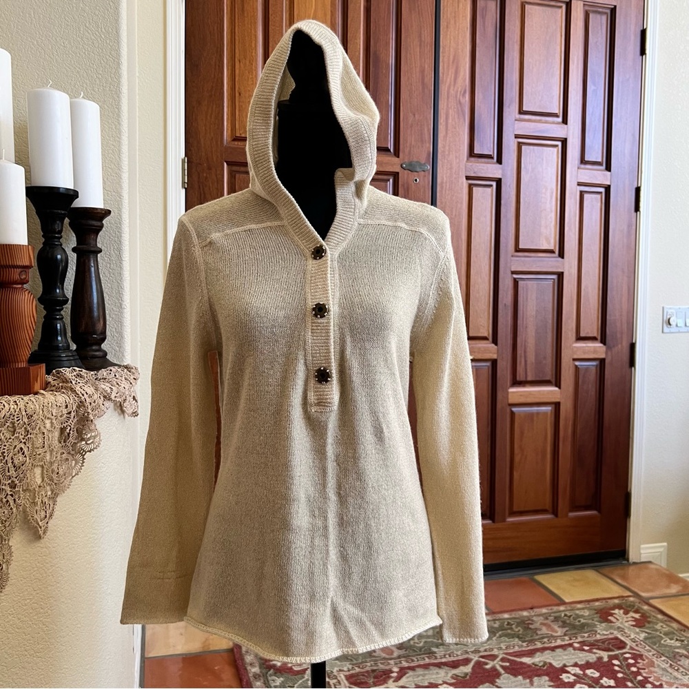 One Girl Who Cotton Cashmere Poly Sweater Hooded Buttons Cream Metallic Sz M